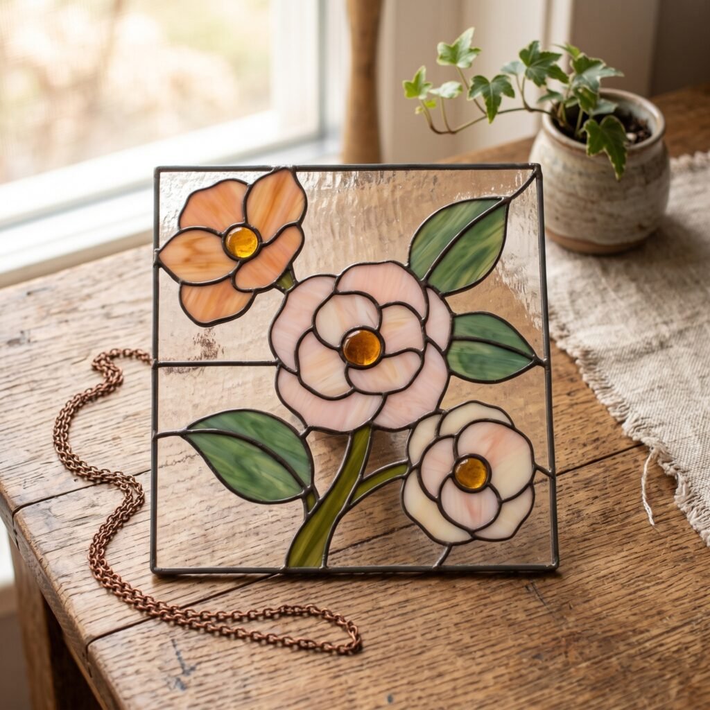 Camellia stained glass pattern, an instant digital PDF download from AuraGlassCraft, suited for painting