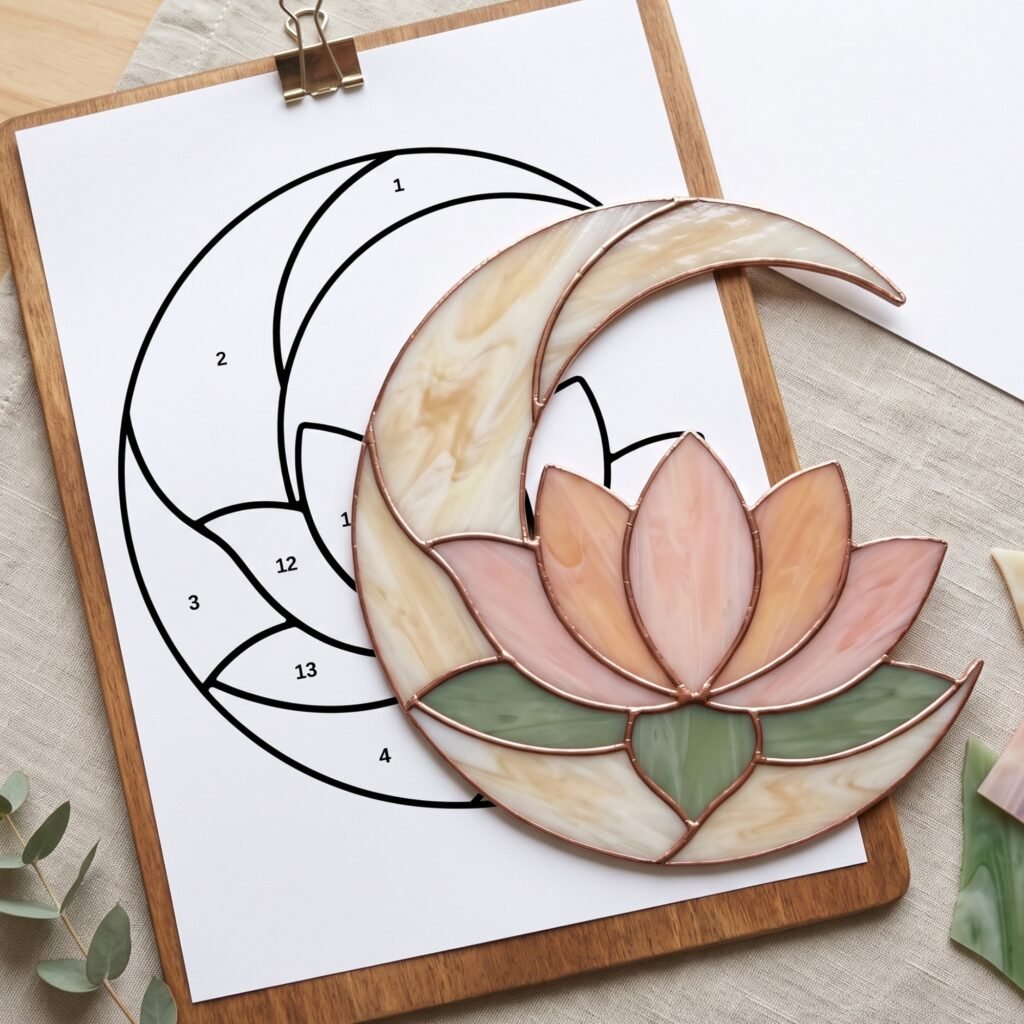 Stained Glass Crescent Moon Lotus Suncatcher pattern, an instant digital PDF download from AuraGlassCraft