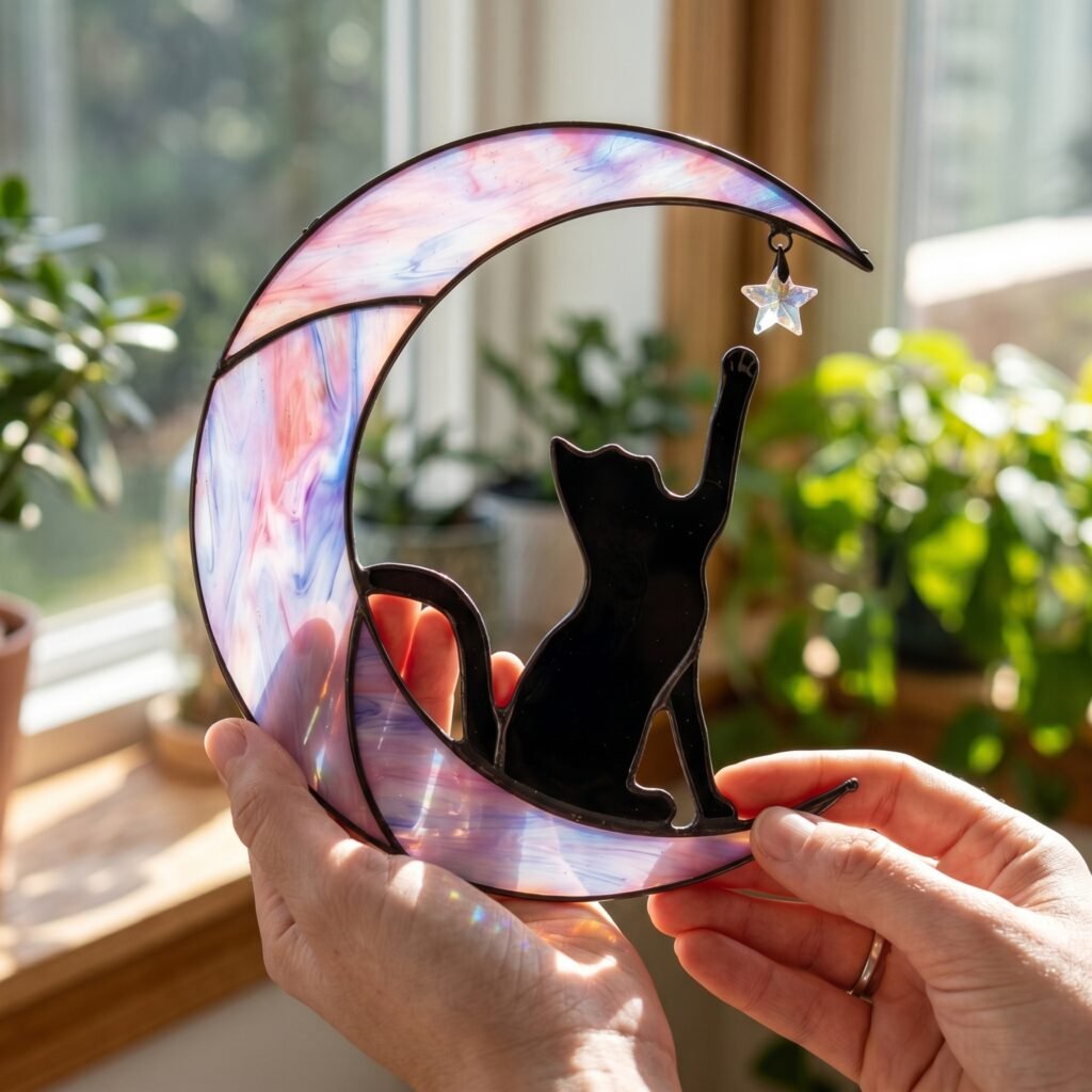 Moon Cat stained glass suncatcher pattern, an instant digital PDF download from AuraGlassCraft