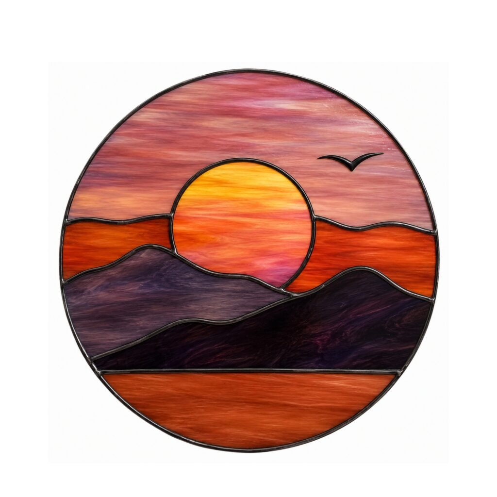 Sunset Mountain stained glass pattern, an instant digital PDF download from AuraGlassCraft, suited to both cut-glass and faux glass paint projects.