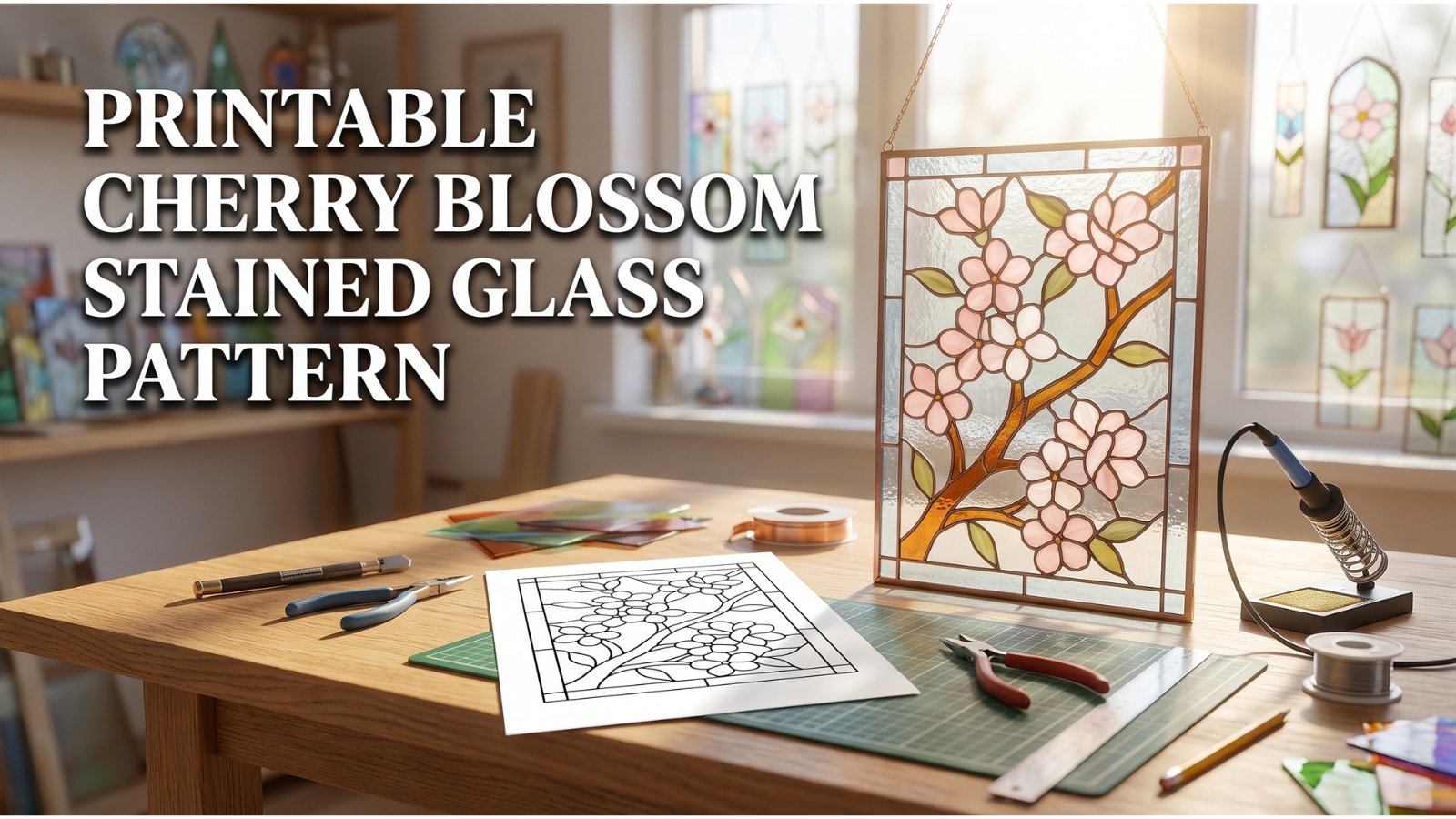 printable cherry blossom stained glass pattern line art